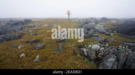 Moos bedeckte Felsen und Wolken in Bergen Stockfoto
