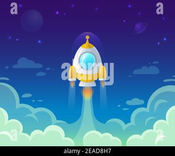 Raketenstart im All. Business Start up Idee. Raumschiff fliegen in Himmel, Kosmos Exploration und Galaxie Reisen Stock Vektor
