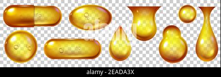 Ölkapsel. Realistische Vitamin Golden Gel Pillen mit Omega 3 Fisch oder Arganöl. Blasen und Tropfen mit Kollagen. Gesundheit Kapseln Vektor-Set Stock Vektor