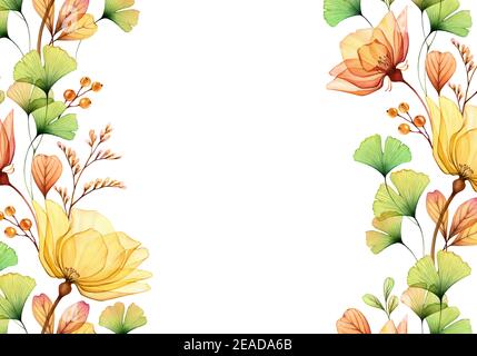 Aquarell floralen Hintergrund. Abstrakte gelbe Rosen, Gingko-Blätter und auf weiß. Isolierter, handgezeichneter horizontaler Rahmen Stockfoto