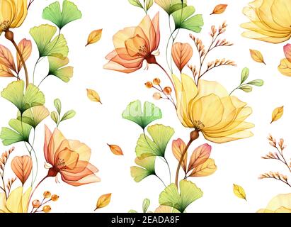 Aquarell Nahtloses Blumenmuster. Abstrakte gelbe Rosen, grüne Gingko-Blätter und auf weiß. Isolierter handgezeichneter Hintergrund für Tapetendesign Stockfoto