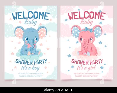 Baby Dusche Elefant. Einladungskarte für neugeborene Jungen und Mädchen Party mit Elefanten auf Wolke. Willkommen Kid Banner mit niedlichen Tier Vektor-Set Stock Vektor
