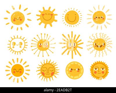 Sun-Zeichen. Cartoon Sonnenschein emoji mit lustigen Gesichtern. Kinderkrippe Dekoration mit sonnigen Tag Designs. Kind Happy Morning Vektor-Set Stock Vektor