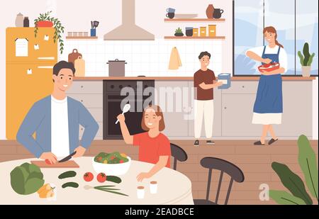 Familie kocht zusammen. Glückliche Eltern und Kinder backen in der Küche. Sohn hilft Mutter kochen. Familie mit Kindern Vorbereitung Essen Vektor-Konzept Stock Vektor