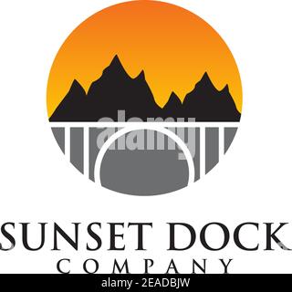 Dock Sunset Ansicht Logo Design Landschaft Vektor Vorlage Stock Vektor
