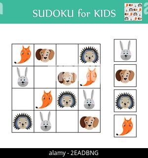 Sudoku Spiel für Kinder mit Bildern. Aktivitätsblatt „Logic Kids“. Bunte niedliche Tiere. Bildungskarte für Kinder. Math-Kinderposter. Schule Stock Vektor