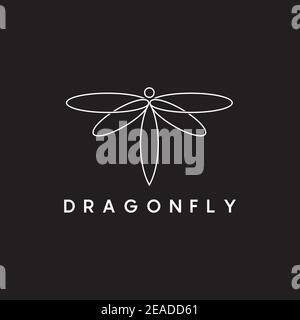 Einfache weiße Linie Kunst Libelle Logo Design Vorlage Stock Vektor
