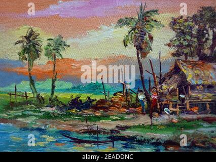 Handgemalte originale Meisterwerke des Impressionismus Maler zeitgenössische Kunst Ölmalerei ländliche Landschaft thailands Stockfoto