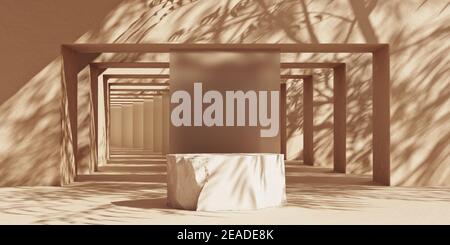 Steinplatte Podium abstrakten Hintergrund mit Sonnenschutz Schatten auf Steinbögen. Minimaler ModellHintergrund für Produktpräsentation. 3D Darstellung rendern. Stockfoto