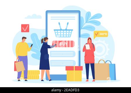 Menschen, die im Online-Shop kaufen. Smartphone-Bildschirm mit Warenkorb. Poster mit Männern und Frauen mit Taschen. Mobile Store App Vektor Konzept Stock Vektor