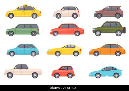 Flache Autos. Cartoon Fahrzeug Seitenansicht. Taxi, Minivan, Mini-Auto, suv und Pickup-Truck. Symbole für den Autotransport in der Stadt. Automobildesign Vektor-Satz Stock Vektor