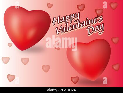 Valentinskarte mit zwei Herzen und Schriftzug. Rote 3D Herzen. Spaß im Februar. Stockfoto