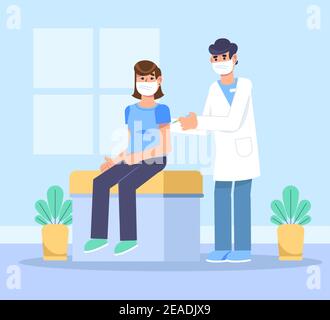 Flacher Arzt, der einem Patienten einen Impfstoff injiziert Vektor-Illustration. Stock Vektor