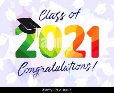 Werbebanner für die 2021-jährige Abschlussfeier. Einladungskarte zum Kurs „Happy Holiday“. Glasmalerei 3D Ziffern Null, 1, 2. Isoliertes abstraktes Grafikdesign Stock Vektor
