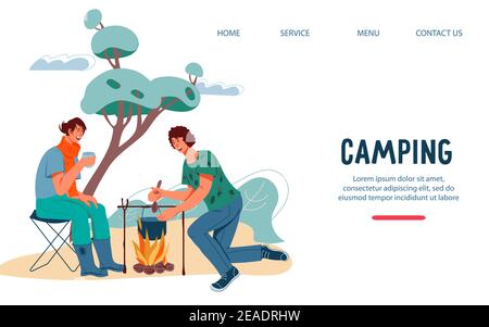 Camping Website Vorlage mit Lagerfeuer Paar, flache Vektor-Illustration. Wandern und Outdoor-Freizeitkonzept mit Campingreisenden Mann und Frau ha Stock Vektor