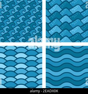 Vier verschiedene nahtlose Mustervektoren mit Wellen. Stock Vektor