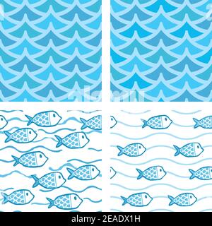 Vier verschiedene nahtlose Muster Vektoren mit Wellen und Fisch gemacht. Stock Vektor