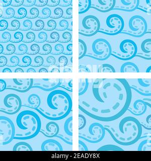 Vier verschiedene nahtlose Mustervektoren mit Spiralwellen. Stock Vektor