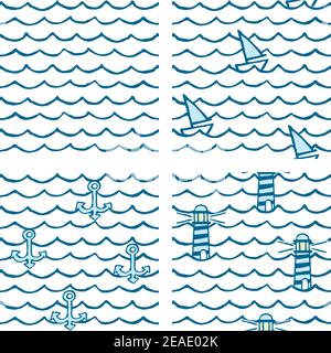Vier verschiedene nahtlose Mustervektoren mit nautischen Motiven. Stock Vektor