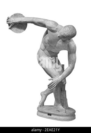 Diskuswerfer discobolus ein Teil der alten Olympischen Spiele. Eine römische Kopie des verlorenen griechischen Bronze-Originals. Isoliert auf Weiß Stockfoto