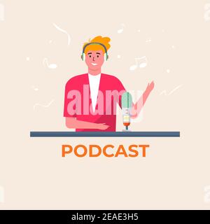 Podcaster mit Kopfhörer hören und Aufnahme Audio-Podcast, Online-Show Vektor flache Illustration. Lächelnde Männer mit Mikrofon und Headset studieren Stock Vektor