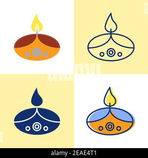 Holiday Diwali Kerze Icon Set in flacher und linienform. Helle Lichtquelle mit brennender Flamme. Traditionelle Einrichtung. Vektorgrafik. Stock Vektor