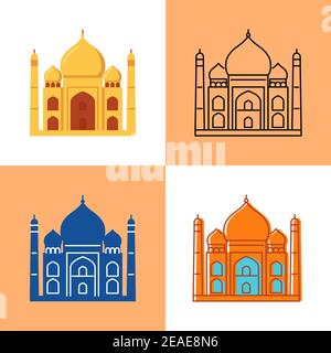 Taj Mahal Symbol in flachen und Linie Stile gesetzt. Indisches berühmtes Tempelsymbol. Vektorgrafik. Stock Vektor