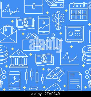 Bank und Geld nahtlose Muster in Linie Stil. Wiederholter Hintergrund mit Finanz- und Investitionssymbolen. Vektorgrafik. Stock Vektor