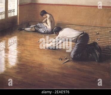 Die Bodenschaber von Gustave Caillebotte. Zwei Arbeiter kratzen einen Holzboden - 1876 Stockfoto