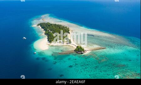 Luftaufnahme des Sandstrandes auf einer tropischen kleinen Insel Liguid mit Palmen. Little Cruz Island, Philippinen, Samal. Stockfoto