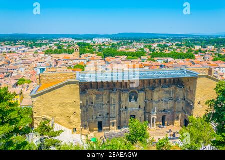 Luftaufnahme des römischen Amphitheaters in Orange, Frankreich Stockfoto