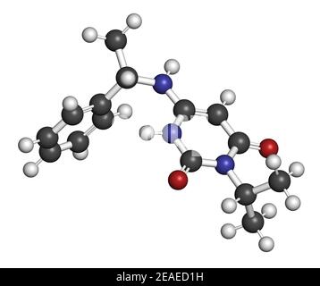 Mavacamten Drug Molecule. 3D Rendern. Atome werden als Kugeln mit herkömmlicher Farbkodierung dargestellt: Wasserstoff (weiß), Kohlenstoff (grau), Stickstoff (BL Stockfoto