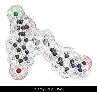 Lonafarnib-Medikamentenmolekül. Inhibitor der Farnesyltransferase. 3D Rendern. Atome werden als Kugeln mit konventioneller Farbkodierung dargestellt: Wasserstoff (w Stockfoto