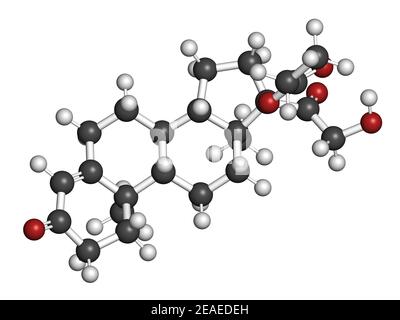 Clascoteron-Molekül. 3D Rendern. Atome werden als Kugeln mit herkömmlicher Farbkodierung dargestellt: Wasserstoff (weiß), Kohlenstoff (grau), Sauerstoff (re Stockfoto