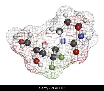 Cedazuridin-Wirkstoffmolekül. 3D Rendern. Atome werden als Kugeln mit herkömmlicher Farbkodierung dargestellt: Wasserstoff (weiß), Kohlenstoff (grau), Stickstoff ( Stockfoto