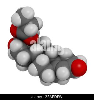 Clascoteron-Molekül. 3D Rendern. Atome werden als Kugeln mit herkömmlicher Farbkodierung dargestellt: Wasserstoff (weiß), Kohlenstoff (grau), Sauerstoff (re Stockfoto