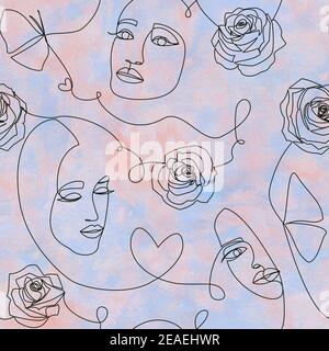 Eine Linie Zeichnung abstrakte zeitgenössische Kunst. Moderne nahtlose Muster mit Frauen Gesichter, Rosen Blumen, Herzen, durch schwarze kontinuierliche Linie auf orange gemacht, Stockfoto