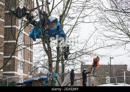 London, Großbritannien. Februar 2021, 9th. Highbury Corner ' Save the Trees' Schutzgruppe wird aus dem Schutzlager Canonbury Road, London, Großbritannien, 9th. Februar 2021 vertrieben. Aktivisten leben seit Monaten im Lager, um sieben reife Bäume vor Zerstörung zu schützen. Der rat sagt, dass auf dem Gelände 25 neue wohnhäuser gebaut werden, neben 14 privaten Wohnungen. Die Demonstranten sagen, dass es wenige Grünflächen in der Gegend gibt. Kredit: Denise Laura Baker/Alamy Live Nachrichten Stockfoto