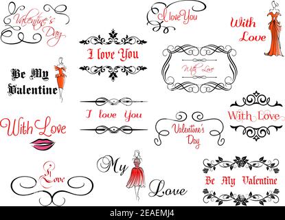 Set von Valentine's kalligraphischen Schlagzeilen mit Design-Elementen Stock Vektor