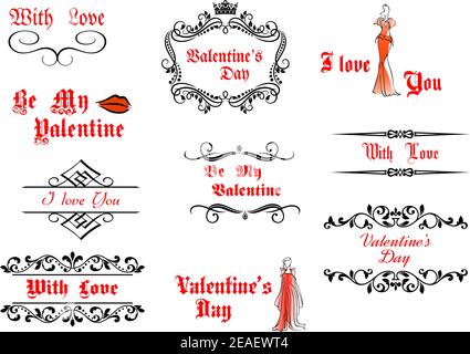 Valentinstag-Nachrichten und Schlagzeilen mit kalligraphischen Elementen gesetzt Stock Vektor