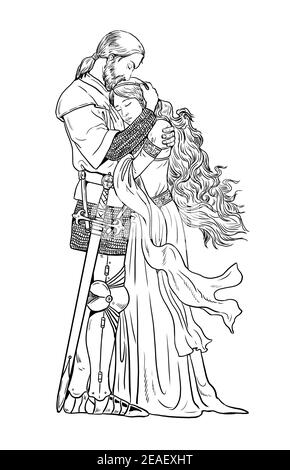 Ritter und seine Königin. Liebe zu Tristan und Isolde. Digitales Zeichnen. Stockfoto