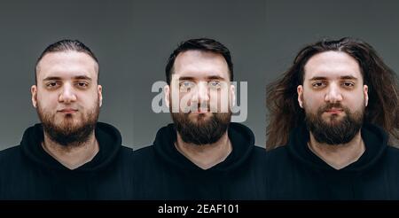 Salon. Collage des Mannes vor und nach dem Besuch Friseurladen, Kunden begeistert mit verschiedenen Haarschnitt, Schnurrbart, Bart. Konzept der Körperpflege, männliche Schönheit, Vergleich. Rasieren, Hairstyling, Färbung. Stockfoto
