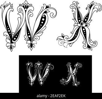 Titel Retro Buchstaben W und X im floralen Stil Stock Vektor