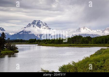 Mount Moran von Oxbow Bend im Grand Teton National Park Stockfoto