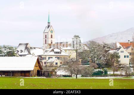 Malerische Aussicht Riehen Village in Winterkleidung, Kanton Basel Stadt, Schweiz. Stockfoto