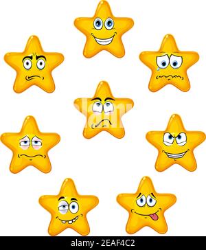 Gelbe Sterne-Symbole mit verschiedenen Emotionen im Cartoon-Stil Stock Vektor