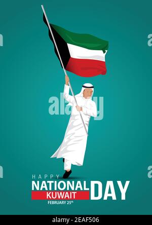 25th. februar glücklicher Nationalfeiertag Kuwait. vektor-Illustration des Mannes läuft mit Flagge. Grüner Hintergrund Stock Vektor
