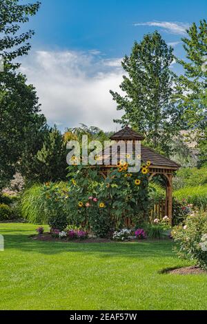 Erholungsgebiet in einem Park mit Bänken und Holzpavillon Unter Sonnenblumen Stockfoto