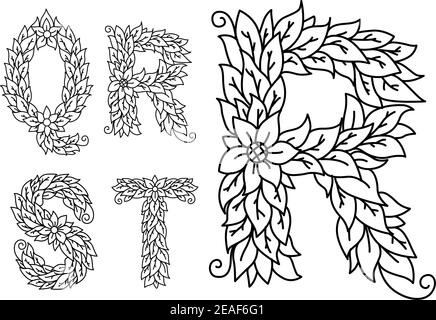 Großbuchstaben Q, R, S, T mit floralen Elementen isoliert auf weißem Hintergrund Stock Vektor