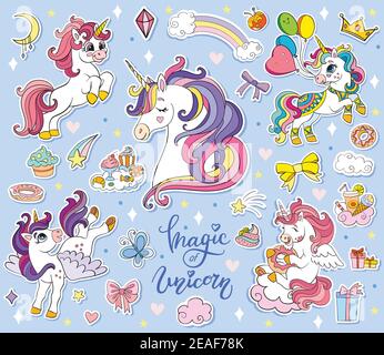 Set von niedlichen Cartoon Einhorn mit magischen Elementen. Vektor isolierte Illustration.für Postkarte, Poster, Kinderzimmer-Design, Grußkarte, Aufkleber, Zimmer dec Stock Vektor